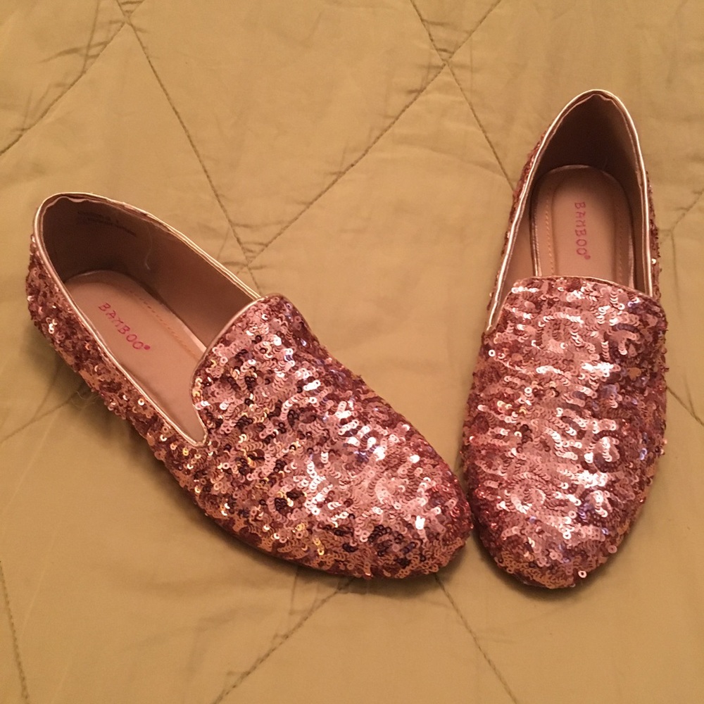Copper sequinned flat, loafer shoes or slippers.